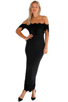 Contrast Lace Applique Off Shoulder Maxi Dress