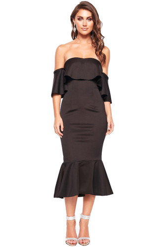 Black Sexy Off Shoulder Ruffled Cocktail Dress