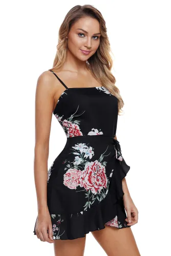 Ruffle Wrap Hemline Black Floral Sundress