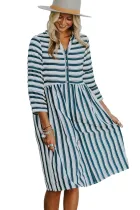 White Navy Striped Casual Midi Shirt Dress