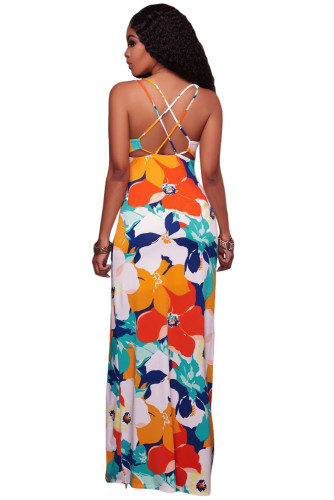 Orangish Multi-color Floral Print Crisscross Back Maxi Dress