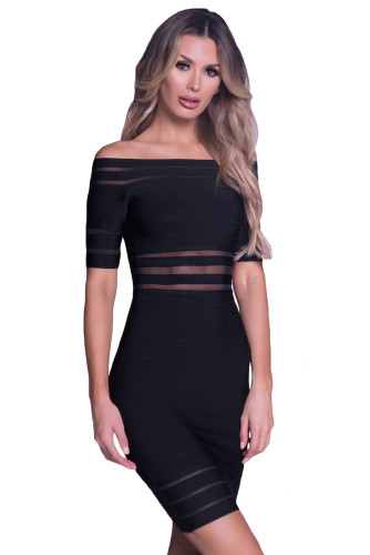 Black Mesh Stripes Insert Off Shoulder Bandage Dress