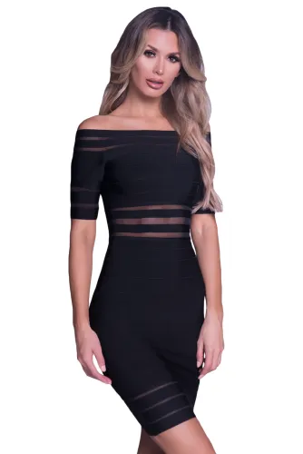 Black Mesh Stripes Insert Off Shoulder Bandage Dress