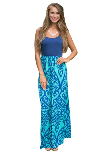 Light Blue Damask Print Sleeveless Long Boho Dress