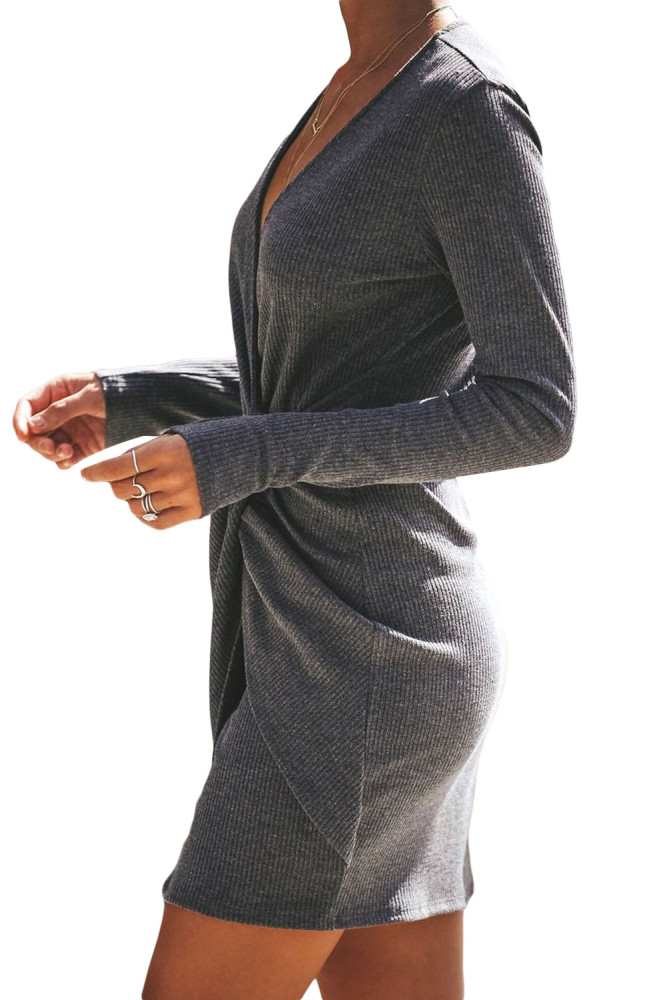 Gray Long Sleeve Ribbed Twist Mini Dress