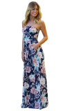 Peach Navy Floral Strapless Maxi Dress with Pockets