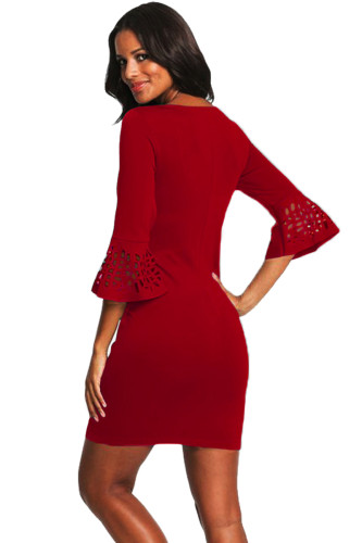 Red 3/4 Hollow-out Bell Sleeve Sheath Mini Dress