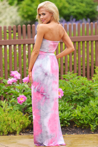 Contrast Tendril Print Pink Strapless Maxi Boho Dress