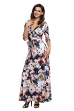 Dark Floral Print Wrapped Long Boho Dress