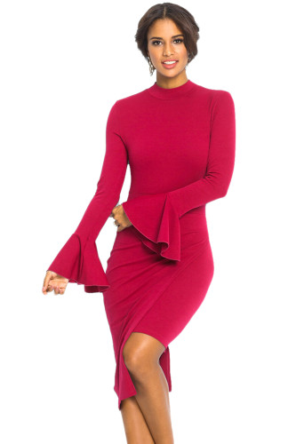 Red Keyhole Back Asymmetric Bodycon Midi Dress