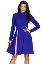Patchwork Tie Neck Long Sleeve Royal Blue Flared Dress