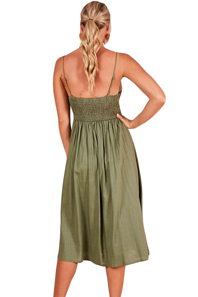 Army Green Sexy Backless Tie Front Button Skirt Midi Dress