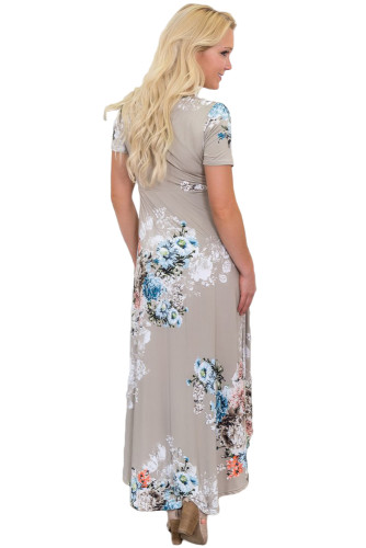 Taupe Floral Print High Low Wrap Dress