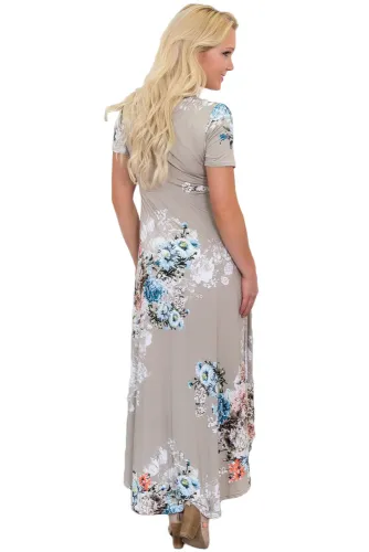 Taupe Floral Print High Low Wrap Dress