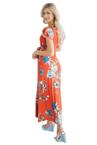 Poppy Red Floral Print Cap Sleeve Maxi Dress