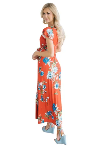 Poppy Red Floral Print Cap Sleeve Maxi Dress