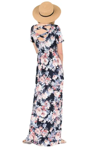 Coral Floral Pattern Short Sleeve Summer Maxi Dress in Black