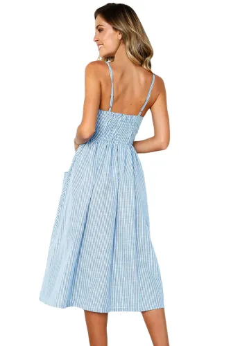 Blue White Striped Buttoned Mid Calf Dress