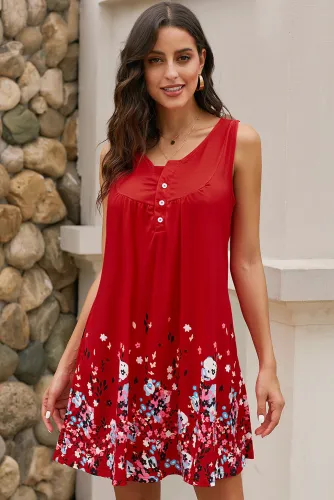 Red Crew Neck A-Line Daily Beach Floral Dress