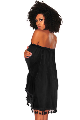 Black Off Shoulder Black Tassel Trim Dress