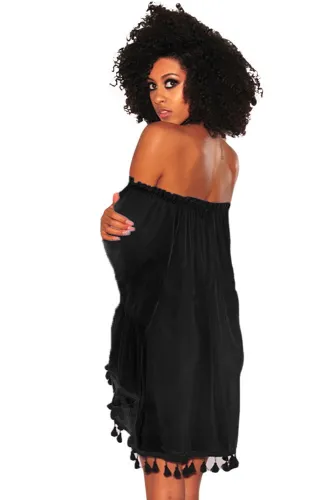 Black Off Shoulder Black Tassel Trim Dress