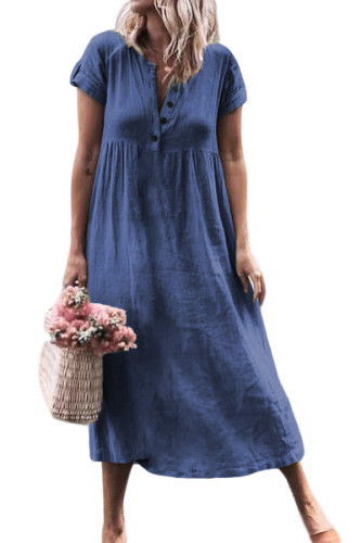Blue Solid Button Deep V-Neck Casual Dress
