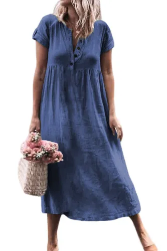 Blue Solid Button Deep V-Neck Casual Dress