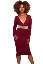 Burgundy Rhinestone Embellishment Bodycon Midi Dress