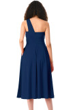 Navy Asymmetric One Shoulder Flared Midi Dress