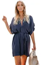 Blue V Neck Tie Waist Mini Skater T Shirt Dress