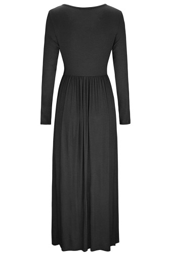 Black Button Front Pocket Style Casual Long Dress