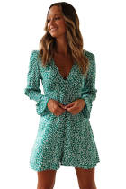 Green V Neck Floral Print Boho Ruffled Sleeve Dress