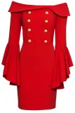 Red Double Breasted Button Off Shoulder Dress