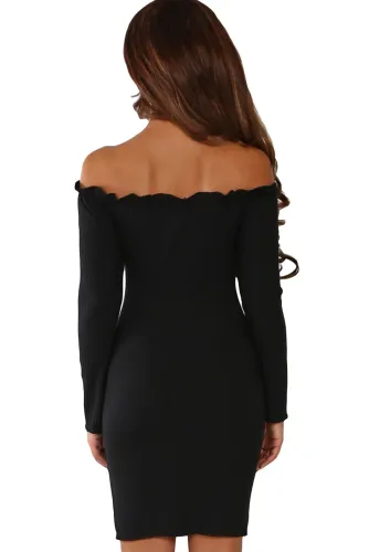 Black Button Front Ribbed Bardot Mini Dress