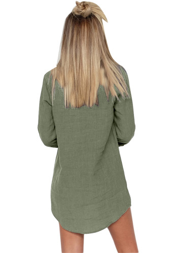 Army Green Button Neck Long Sleeve Shirt Dress