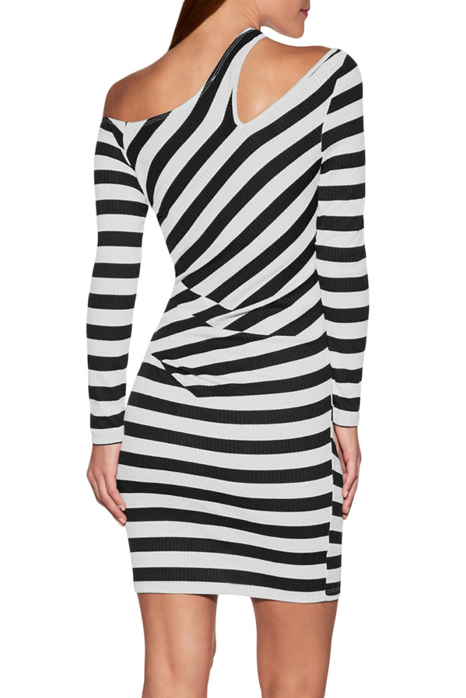Black Striped Asymmetric Shoulder Cutout Mini Dress