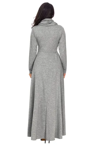 Grey Cow Neck Long Sleeve Maxi Dress