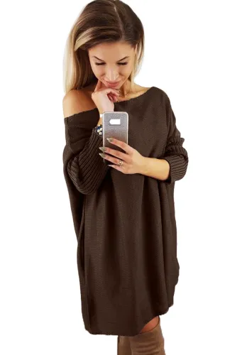 Brown Oversized Batwing Sleeve Sweater Dress