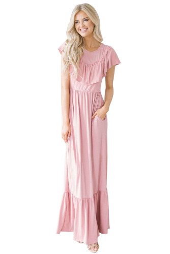 Pink Ruffle Detail Soft Jersey Maxi Dress