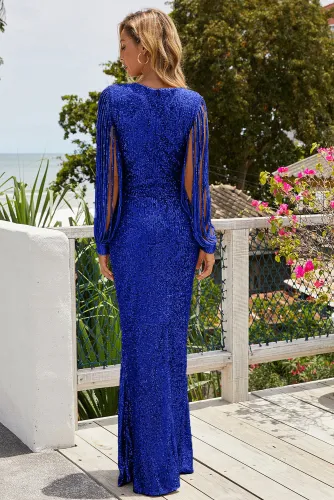 Blue Sequin Fringe Sleeve Party Maxi Evening Dress
