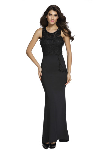 Lace Embellished Sleeveless Maxi Evening Dress