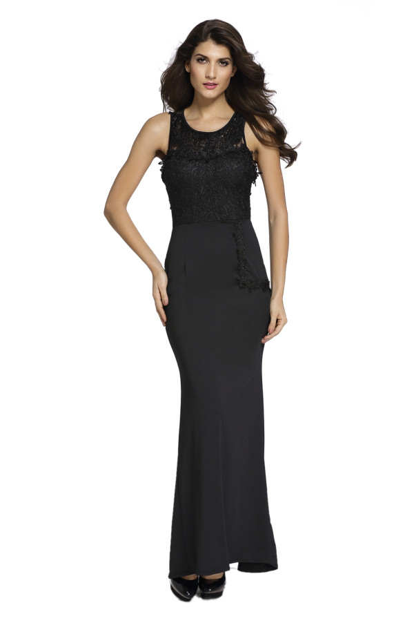 Lace Embellished Sleeveless Maxi Evening Dress