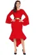 Red Bell Sleeve Dip Hem Belted Dress