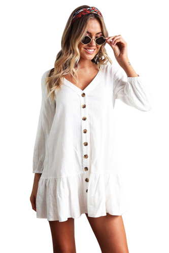 Sleeved Buttoned White Casual Short Dress