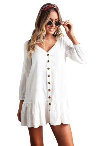 Sleeved Buttoned White Casual Short Dress