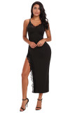 Black Side Slit Lace Trim Party Dress