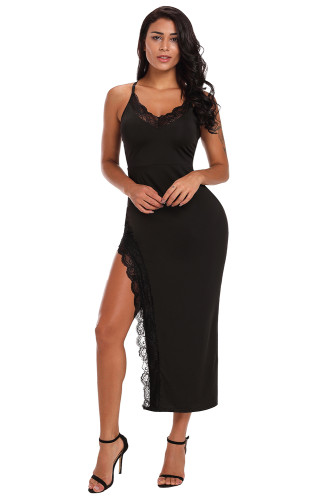 Black Side Slit Lace Trim Party Dress