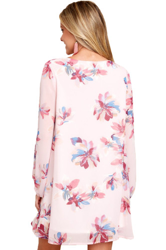 Pink Floral Print V Neck Chiffon Dress