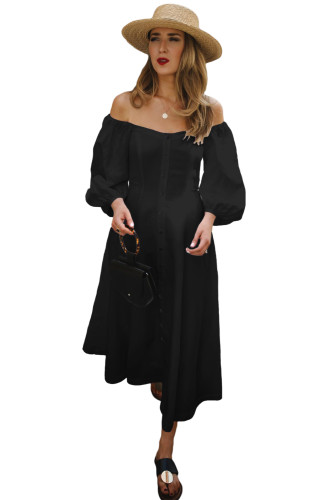 Black Off Shoulder Puff Sleeve Button Front Vintage Dress