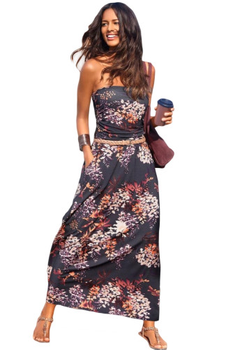 Purple Bohemian Bandeau Floral Print Maxi Dress